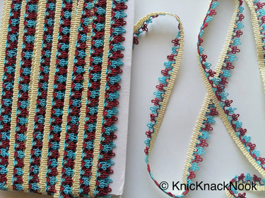 Maroon Red, Blue And Beige Thread Embroidered Lace Trim, 16mm wide